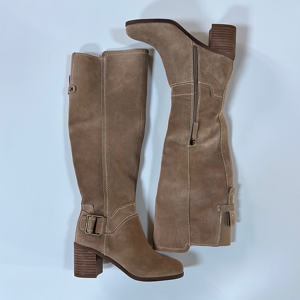 Franco Sarto Women Heeled Boots A Mystic Sandstone Suede Size 5.5 Square Heel